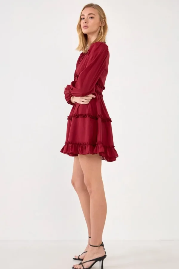 FREE THE ROSES Boho Dresses | Tops*Free The Rose - Ruffle Detail Mini Dress BURGUNDY