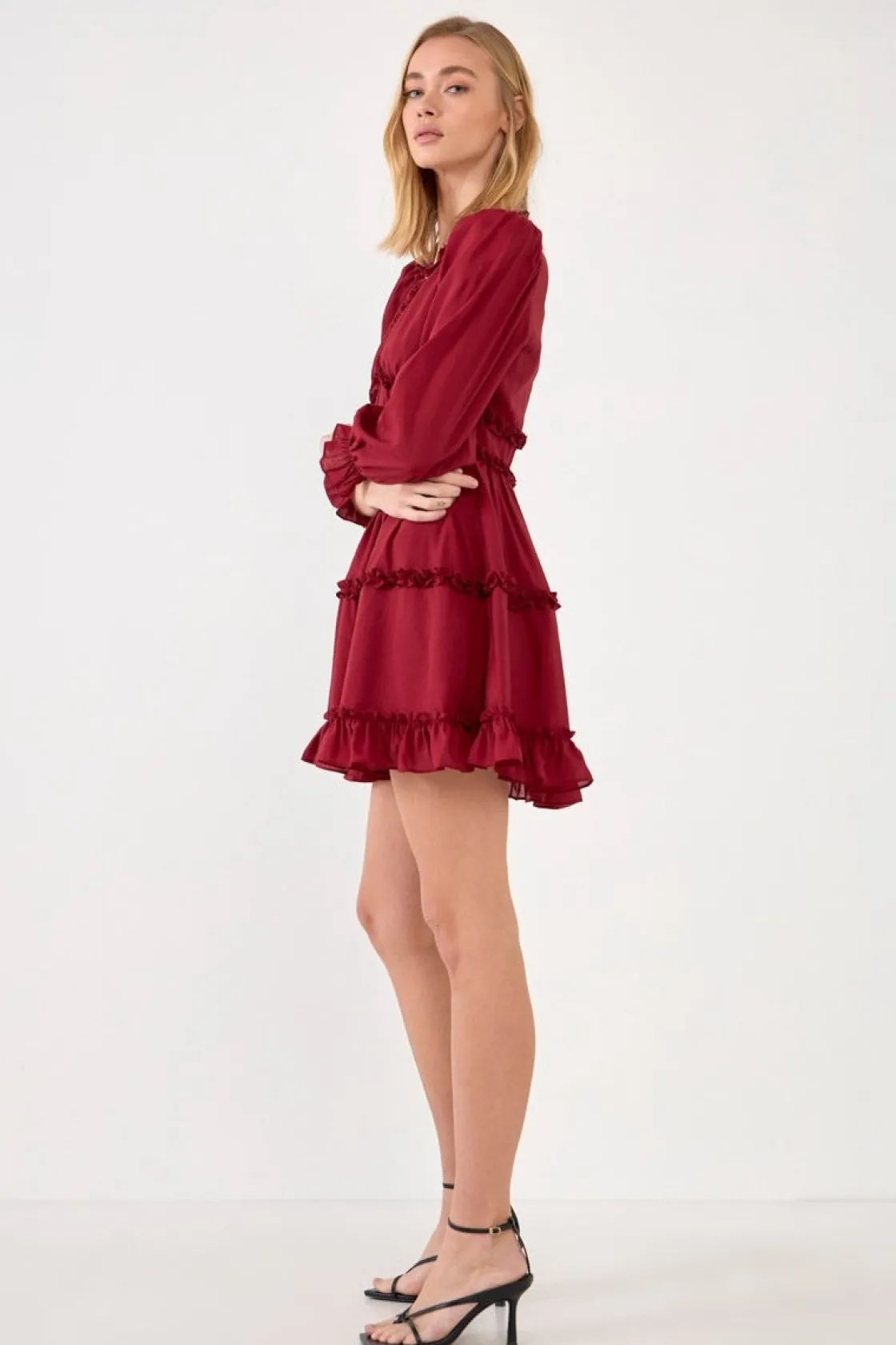 free_the_rose__ruffle_det_1.webp FREE THE ROSES Boho Dresses | Tops*Free The Rose - Ruffle Detail Mini Dress BURGUNDY