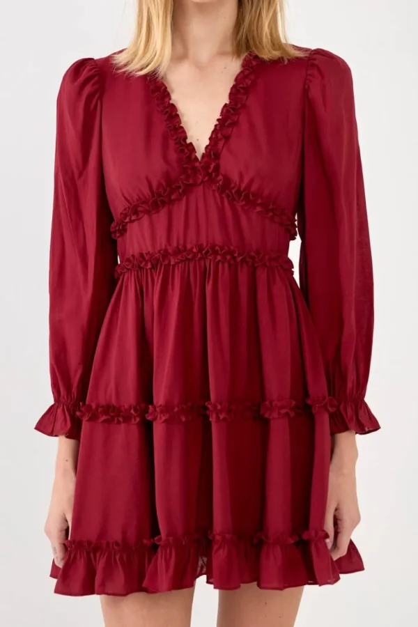 FREE THE ROSES Boho Dresses | Tops*Free The Rose - Ruffle Detail Mini Dress BURGUNDY