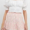 FREE THE ROSES Tops*- Button Closure Puff Sleeve Top WHITE