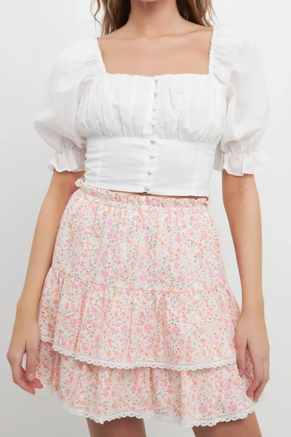 FREE THE ROSES Tops*- Button Closure Puff Sleeve Top WHITE