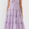 FREE THE ROSES Tops*- Check Print Gauze Midi Dress LILAC