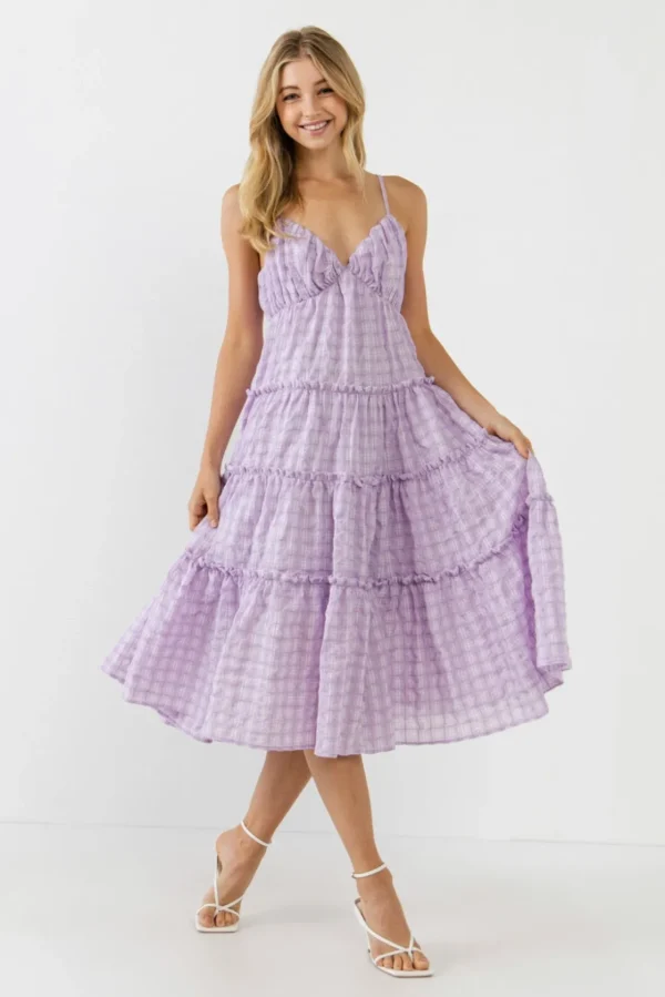 FREE THE ROSES Tops*- Check Print Gauze Midi Dress LILAC
