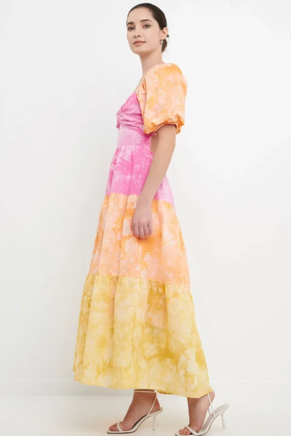 FREE THE ROSES Tops*- Colorblock Tie-dye Back Tie Maxi Dress MULTI