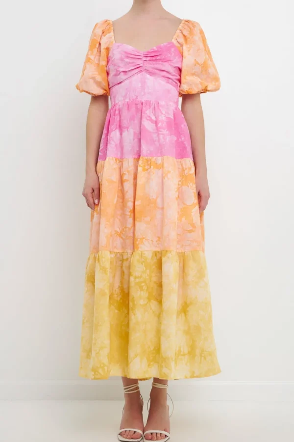 FREE THE ROSES Tops*- Colorblock Tie-dye Back Tie Maxi Dress MULTI