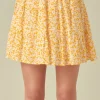FREE THE ROSES Skirts | Tops*- Crinkled Floral Linen Mini Skirt with Elastic Band ORANGE