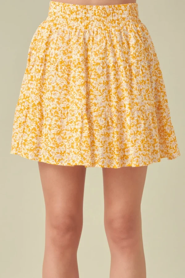 FREE THE ROSES Skirts | Tops*- Crinkled Floral Linen Mini Skirt with Elastic Band ORANGE