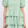 FREE THE ROSES Tops*- Crinkled Floral Linen Smocked Tiered Mini GREEN