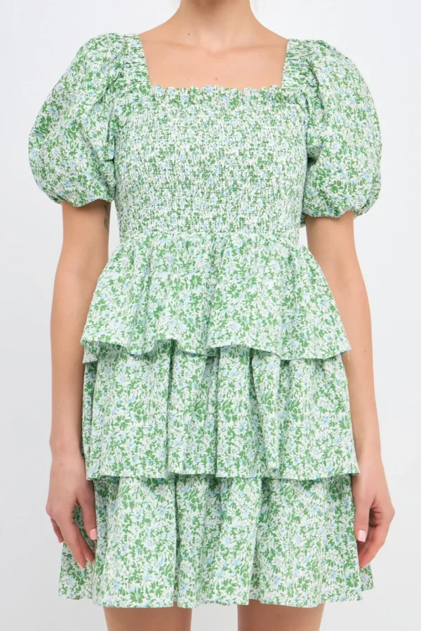 FREE THE ROSES Tops*- Crinkled Floral Linen Smocked Tiered Mini GREEN