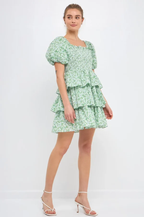 FREE THE ROSES Tops*- Crinkled Floral Linen Smocked Tiered Mini GREEN