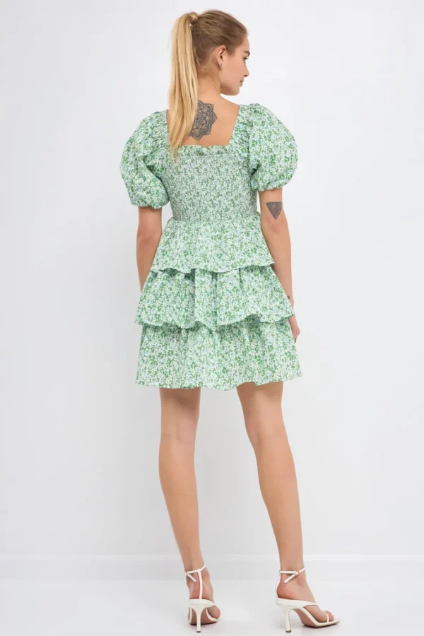 FREE THE ROSES Tops*- Crinkled Floral Linen Smocked Tiered Mini GREEN