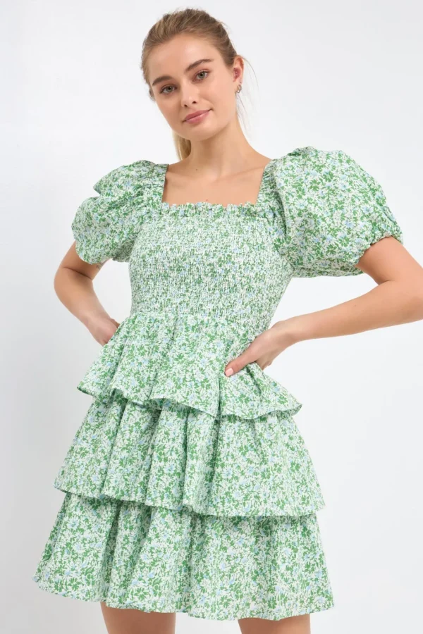 FREE THE ROSES Tops*- Crinkled Floral Linen Smocked Tiered Mini GREEN