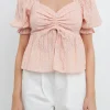 FREE THE ROSES Tops*- Embroidered SweetHeart Top with Puff Sleeves PINK