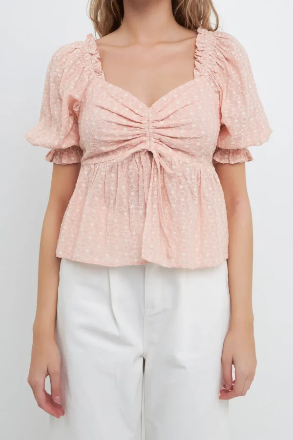 FREE THE ROSES Tops*- Embroidered SweetHeart Top with Puff Sleeves PINK