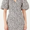 FREE THE ROSES Tops*- Embroidered Floral Mix Puff Sleeve Mini Dress BLACK