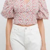 FREE THE ROSES Tops*- Embroidered Floral Mixed Puff Sleeve Top CORAL