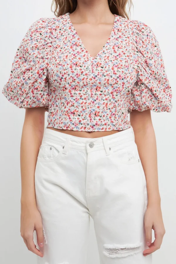 FREE THE ROSES Tops*- Embroidered Floral Mixed Puff Sleeve Top CORAL