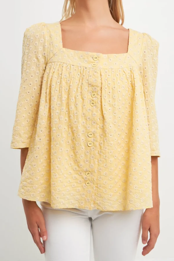 FREE THE ROSES Tops*- Embroidered Cotton Square Neck Top YELLOW