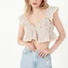 FREE THE ROSES Tops*- Embroidered Ruffled Bandeau Top CREAM