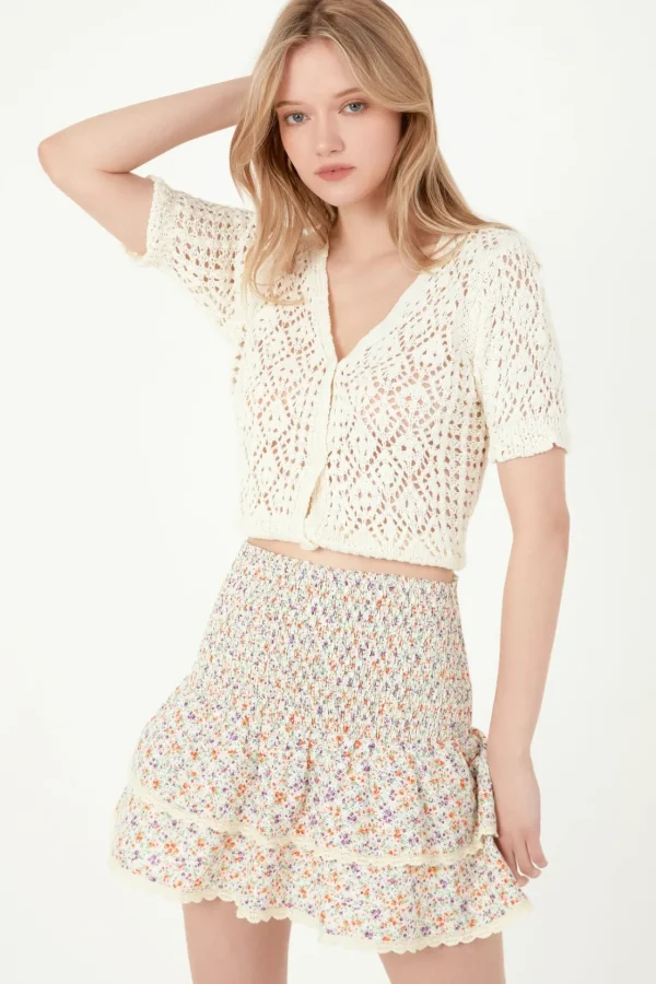 FREE THE ROSES Skirts | Tops*- Embroidered Floral Crossed Tiered Mini Skirt CREAM