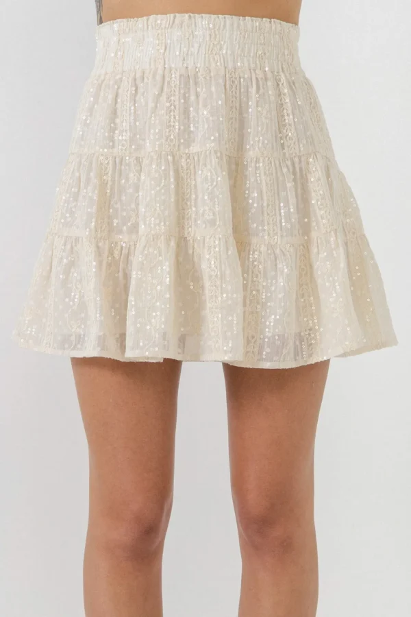 FREE THE ROSES Skirts | Tops*- Embroidered Sequins Skirt ECRU