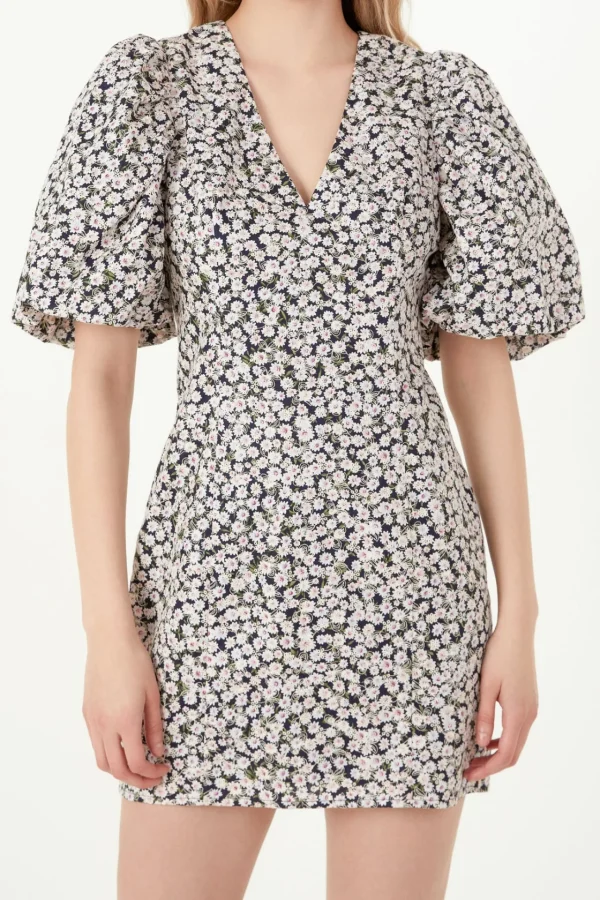 FREE THE ROSES Tops*- Embroidered Floral Mix Puff Sleeve Mini Dress BLACK