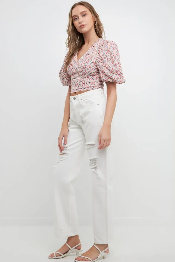 FREE THE ROSES Tops*- Embroidered Floral Mixed Puff Sleeve Top CORAL