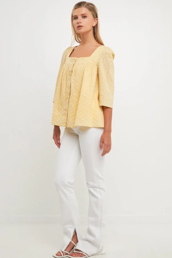 FREE THE ROSES Tops*- Embroidered Cotton Square Neck Top YELLOW