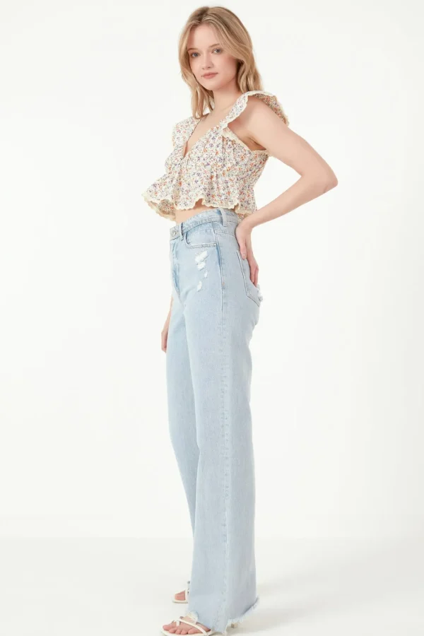 FREE THE ROSES Tops*- Embroidered Ruffled Bandeau Top CREAM