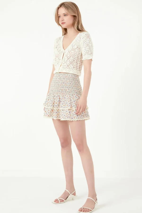 FREE THE ROSES Skirts | Tops*- Embroidered Floral Crossed Tiered Mini Skirt CREAM