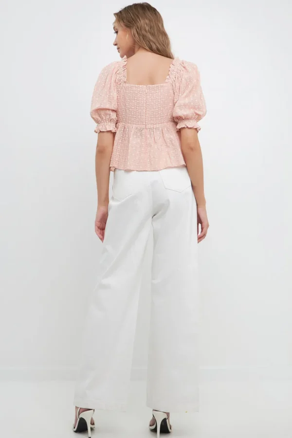 FREE THE ROSES Tops*- Embroidered SweetHeart Top with Puff Sleeves PINK