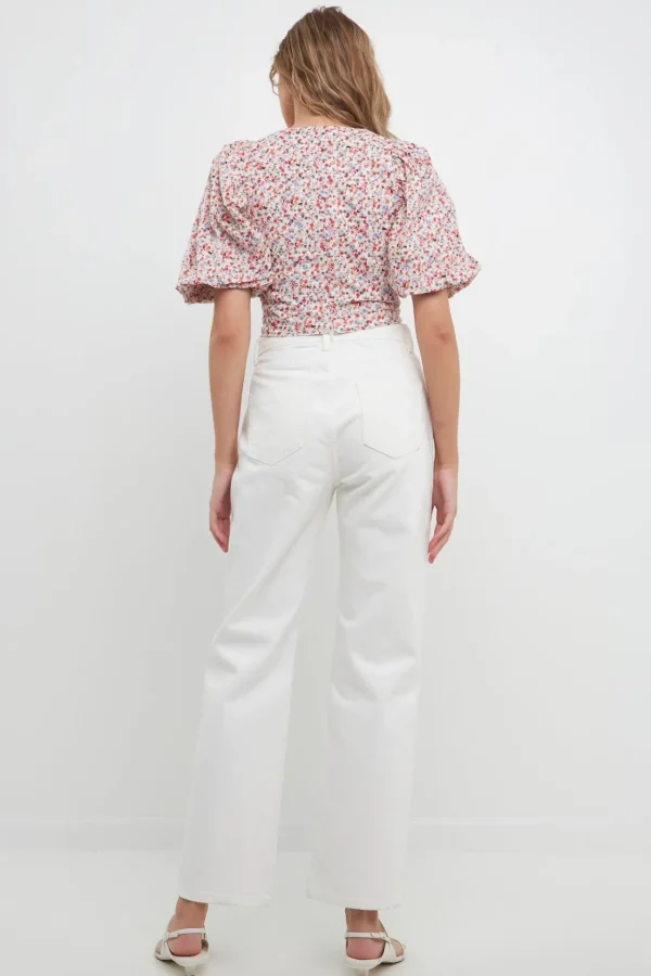 FREE THE ROSES Tops*- Embroidered Floral Mixed Puff Sleeve Top CORAL