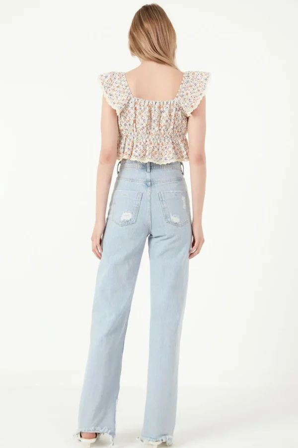 FREE THE ROSES Tops*- Embroidered Ruffled Bandeau Top CREAM