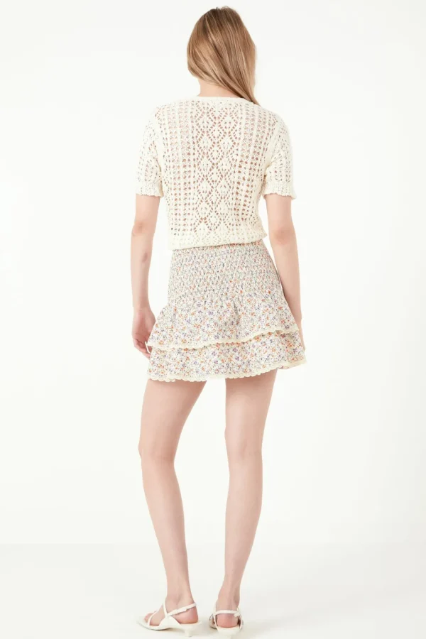 FREE THE ROSES Skirts | Tops*- Embroidered Floral Crossed Tiered Mini Skirt CREAM