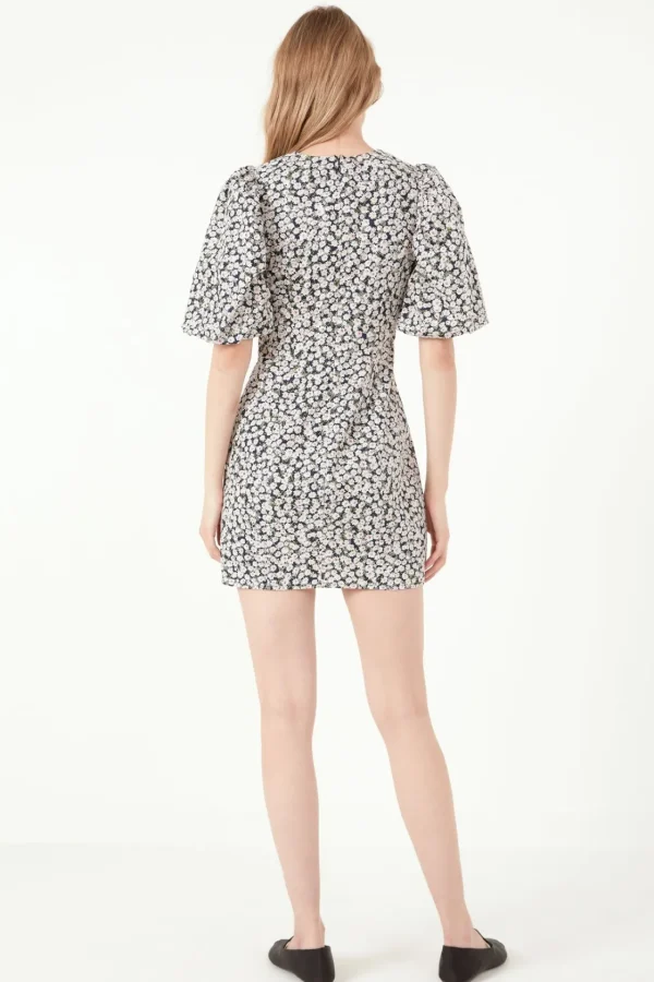 FREE THE ROSES Tops*- Embroidered Floral Mix Puff Sleeve Mini Dress BLACK