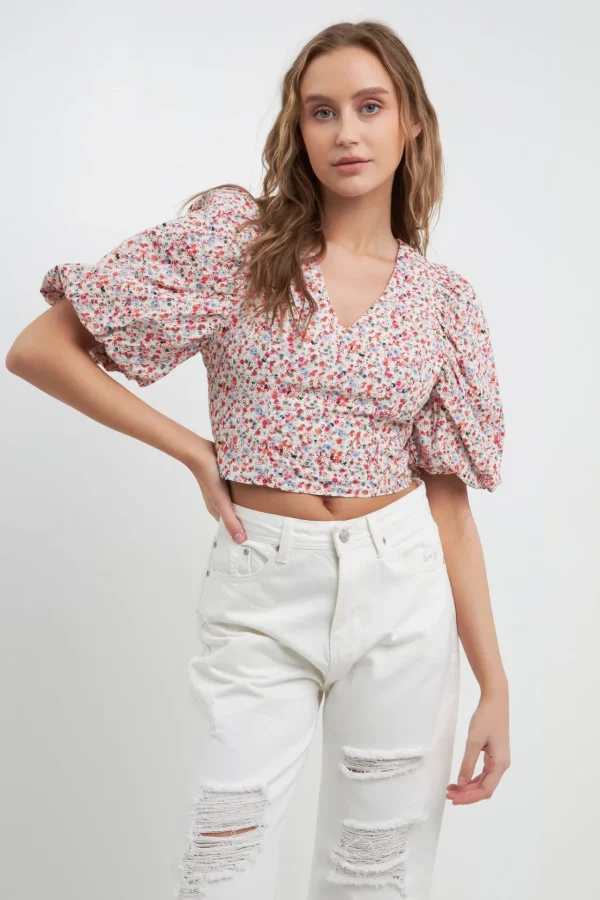 FREE THE ROSES Tops*- Embroidered Floral Mixed Puff Sleeve Top CORAL