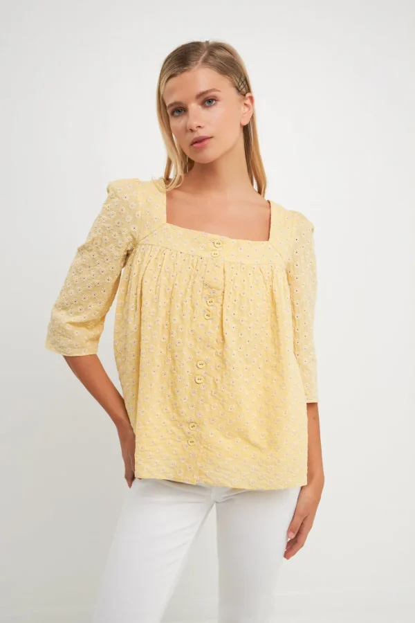 FREE THE ROSES Tops*- Embroidered Cotton Square Neck Top YELLOW