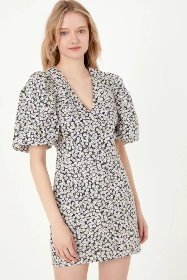 FREE THE ROSES Tops*- Embroidered Floral Mix Puff Sleeve Mini Dress BLACK