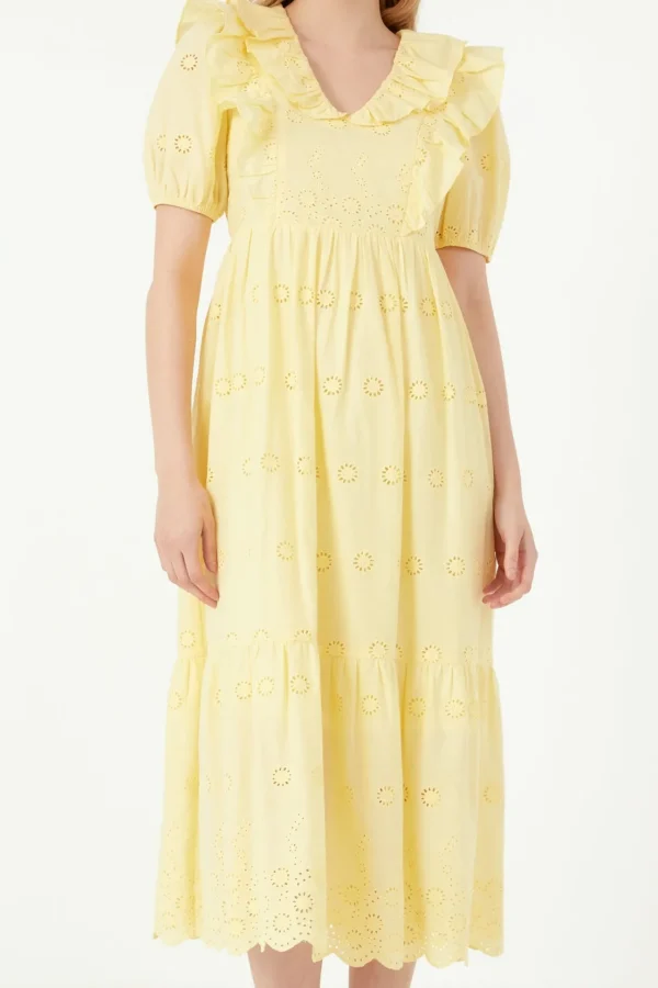 FREE THE ROSES Tops*- Eyelet Embroidered Midi Dress YELLOW