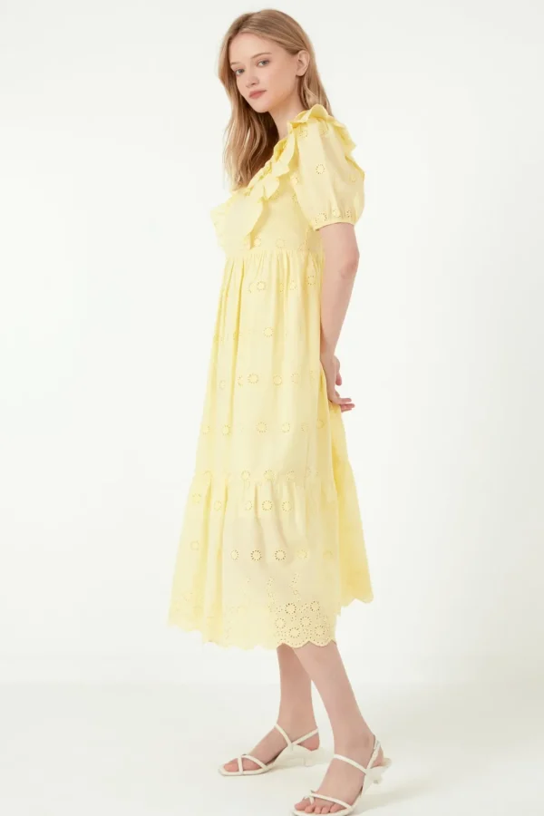 FREE THE ROSES Tops*- Eyelet Embroidered Midi Dress YELLOW