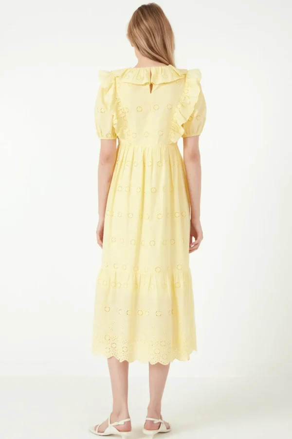 FREE THE ROSES Tops*- Eyelet Embroidered Midi Dress YELLOW