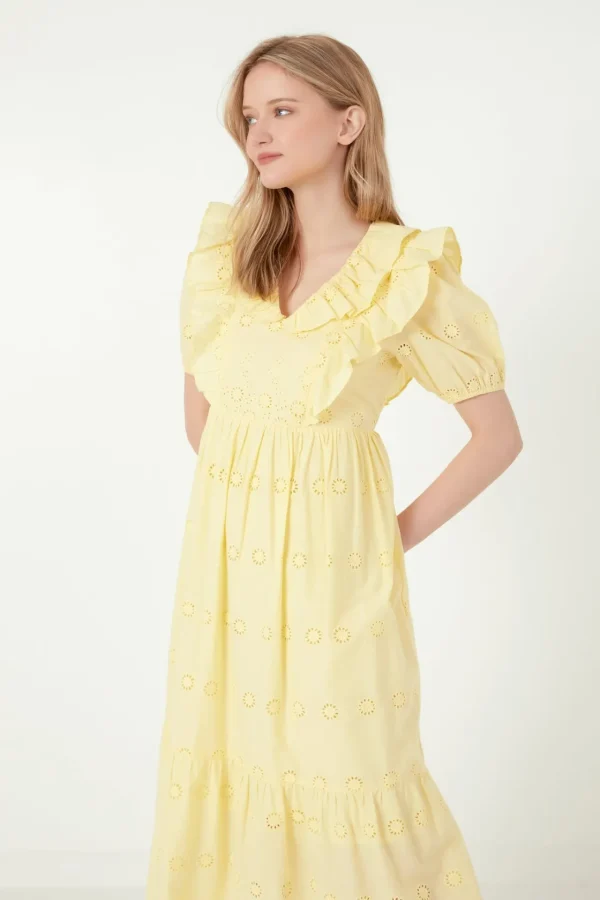 FREE THE ROSES Tops*- Eyelet Embroidered Midi Dress YELLOW