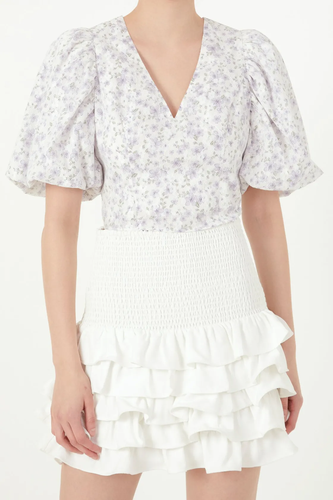 free_the_roses___floral_b_0.webp FREE THE ROSES Tops*- Floral Balloon Sleeve Top with Lace Texture PURPLE