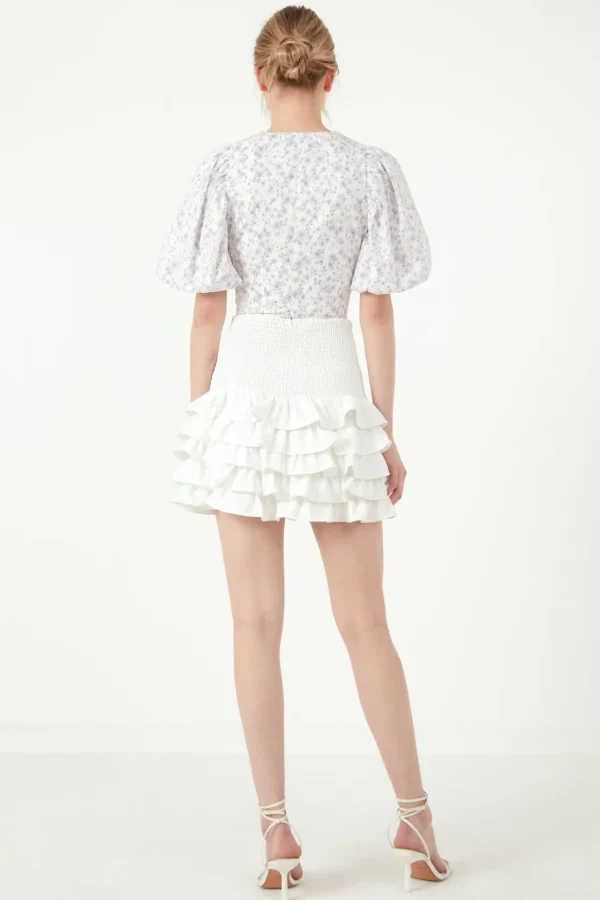 FREE THE ROSES Tops*- Floral Balloon Sleeve Top with Lace Texture PURPLE