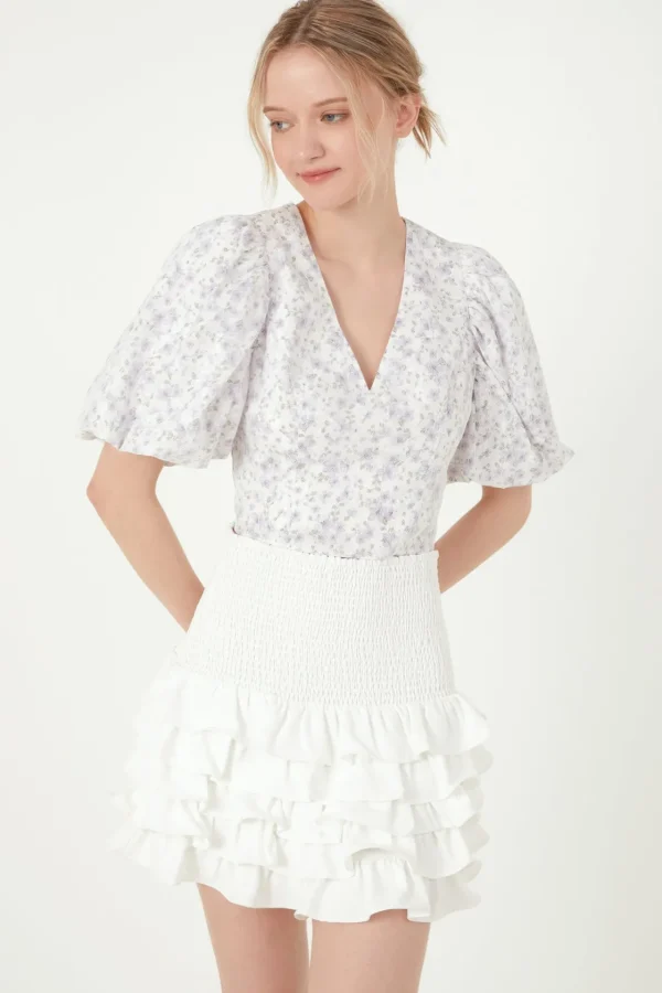 FREE THE ROSES Tops*- Floral Balloon Sleeve Top with Lace Texture PURPLE