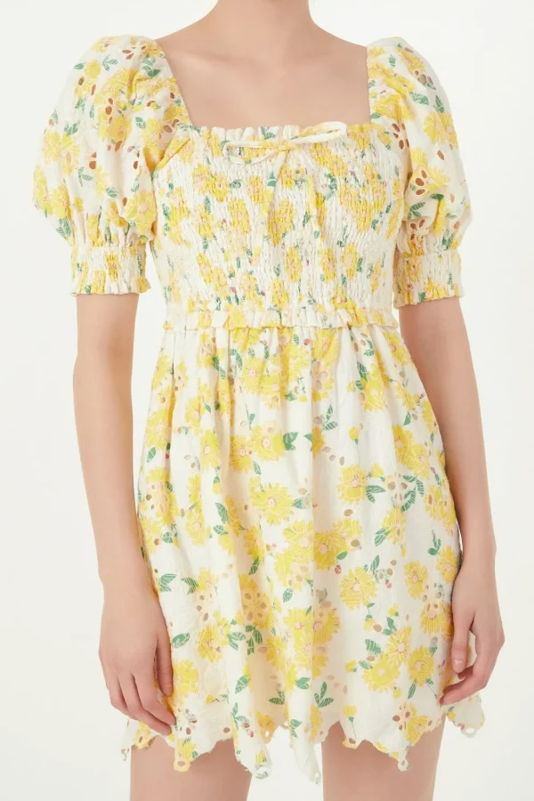 FREE THE ROSES Tops*- Floral Embroidery Mini Dress YELLOWMULTI