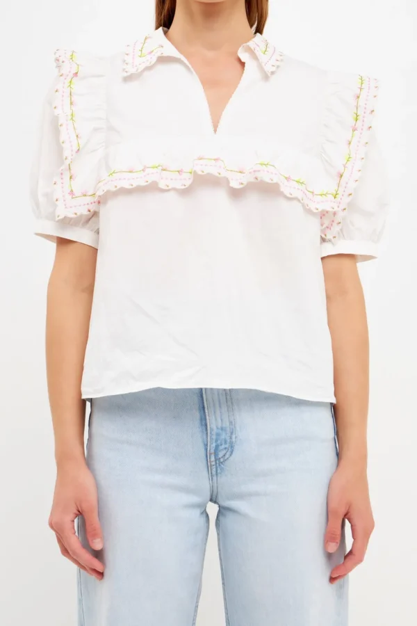 FREE THE ROSES Tops*- Floral Embroiderd Short Sleeve Top OFFWHITE