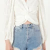 FREE THE ROSES Tops*- Floral Embroidered Twist Long Sleeve Top WHITE