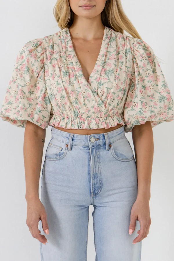 FREE THE ROSES Tops*- Floral Embroidered Blouson Top PINK