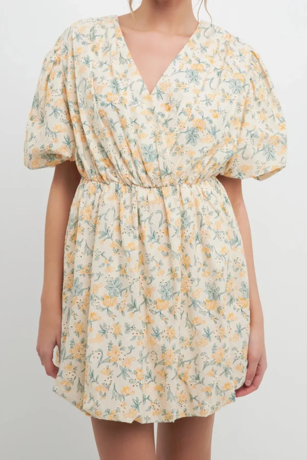FREE THE ROSES Tops*- Floral Embroidered Bubble Mini Dress YELLOW